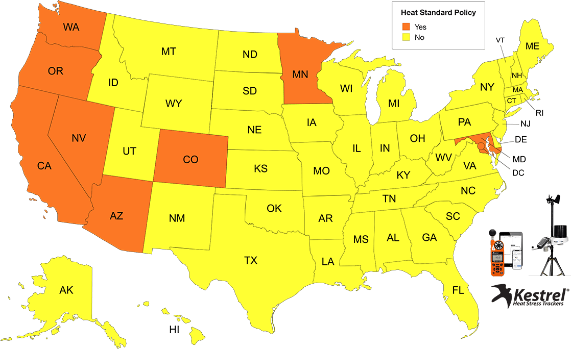 Occupational Heat Safety Standards in the United States Map